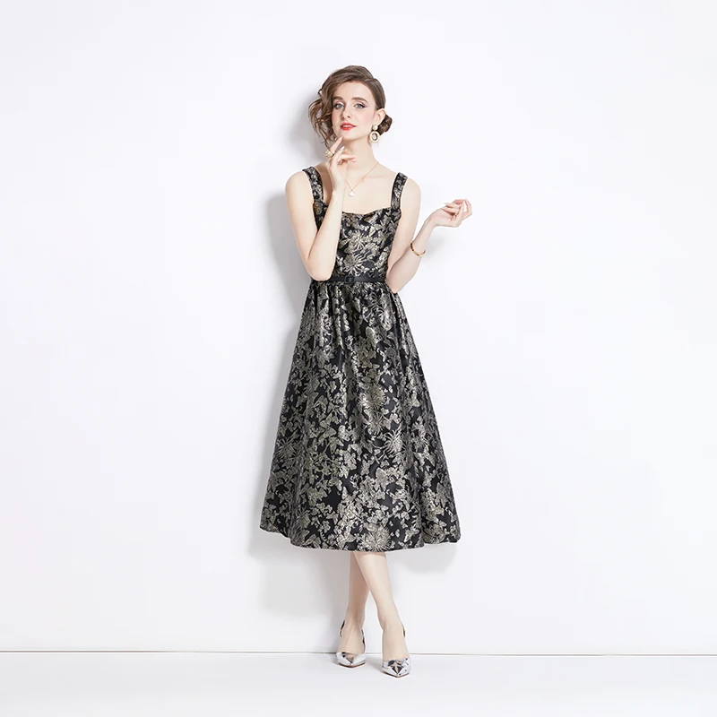 

Женское винтажное жаккардовое платье, элегантное облегающее длинное платье-трапеция во французском стиле без рукавов, с квадратным вырезом, лето