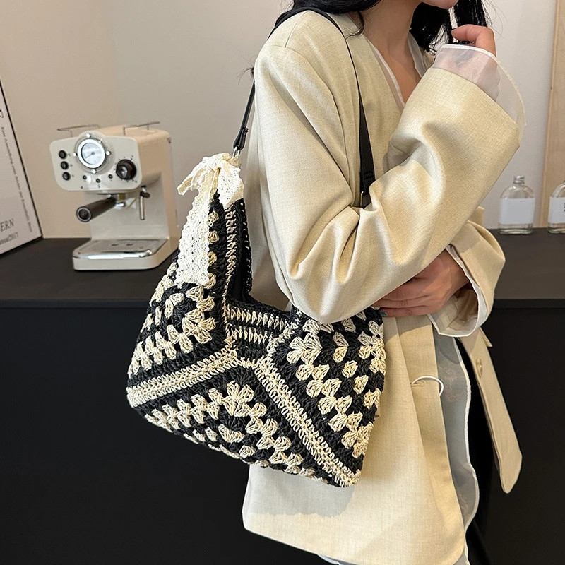 Fashion Straw Women Shoulder Bags Paper Woven Female Handbags Large Capacity Summer Beach Straw Bags Casual Tote Purses