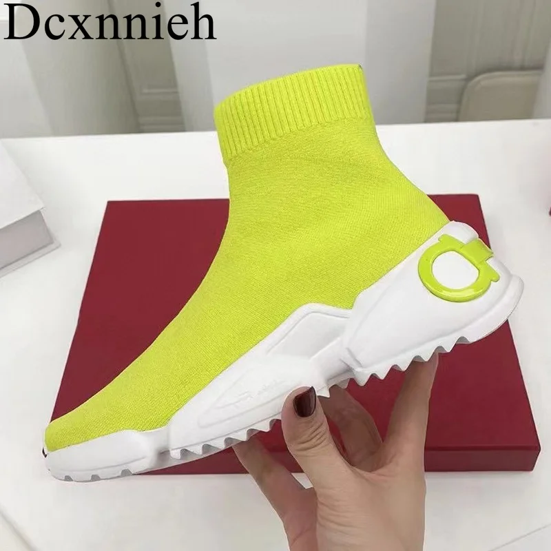 

2023 Spring Autumn Flat Thick Bottom Sock Boots Women Round Toe Knitted Stretch Breathable Ankle Botas Ladies Platform Shoes