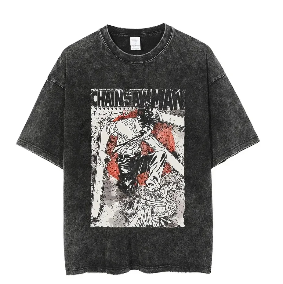 

Vintage washed T-shirt chainsaw men's anime Harajuku oversized 100% cotton fashion streetwear unisex top