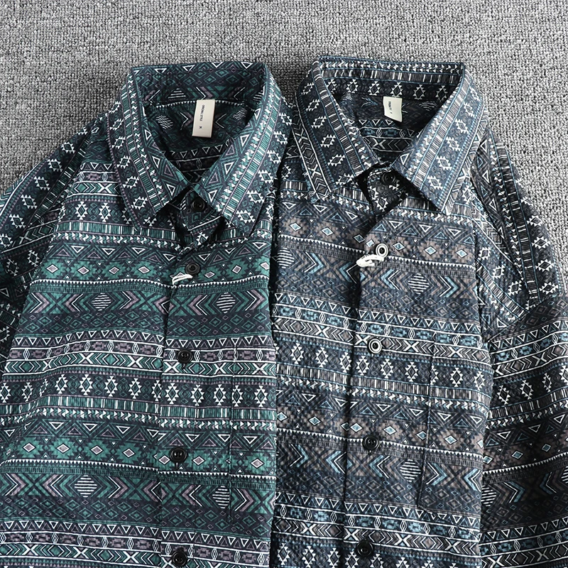 Trend retro national wind totem short sleeve shirt men's seersucker breathable comfortable loose casual half sleeve top