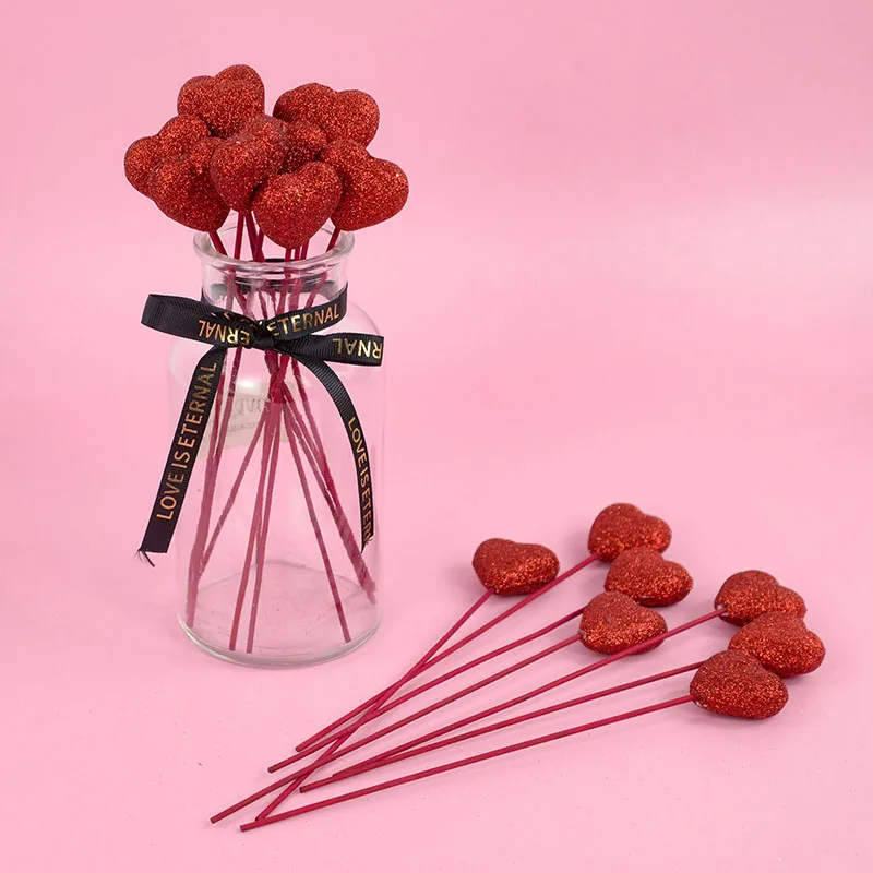 10/20pc Valentine's Day Cake Toppers Red Pink Love Heart Shaped Cupcake Picks Wedding Engagement Party Flower Bouquet DIY Decor