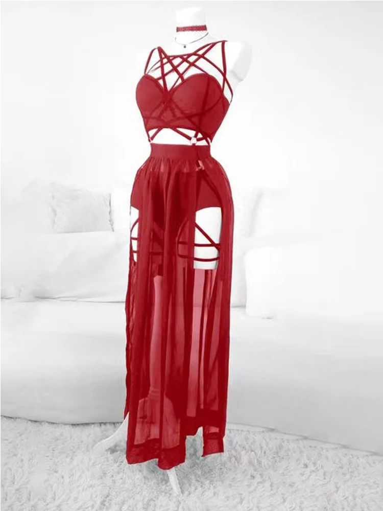 AltGoth Gothic Nightclub Sexy Skirt Set Women See Through Mesh Backless Crop Tops Emo Alt Punk High Waist Underpants Skirt 3pcs 6
