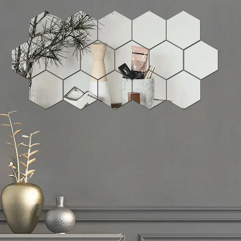Description Picture 6 of item6/48Pcs Hexagonal Acrylic Mirror Wall Stickers Mirror Solid Paster Self-adhesive Gold Silver Decals Home Bedroom Art Decoration