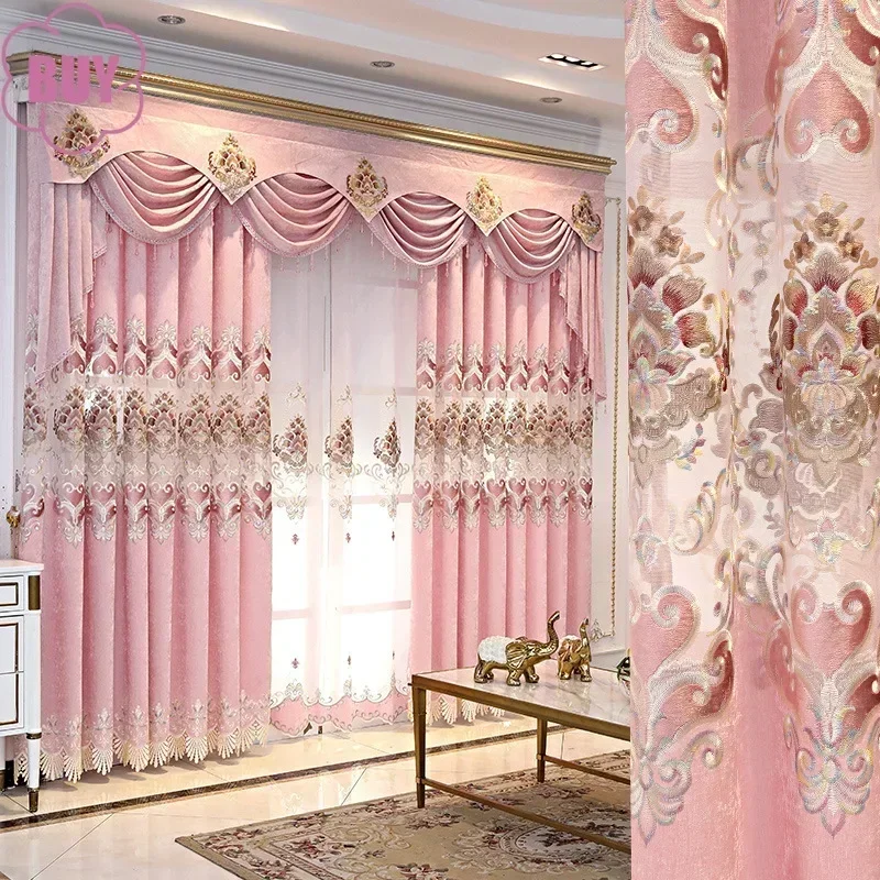 Evropský styl záclony pro žití jídelní pokoj ložnice žinylkové textilie výšivka růžová záclony záclonka záclony tyl  okno