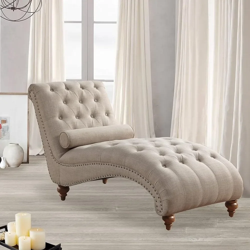 Linen Upholstered Chaise Lounge Chair with Nailhead Trim for Living Room and Bedroom, Standard, Cream Beige