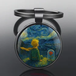 Elegant Van Gogh Art Glass Dome Keychain - Handmade Metal Key Ring Gift (YELLOW)