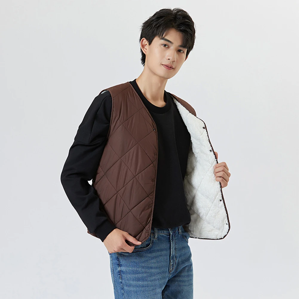 

Fashion Men's Fleece Liner Vest Coat Waistcoat V-neck Buttons Sleeveless Vest Cardigan Male Warm Clothes Thicken Tank Tops