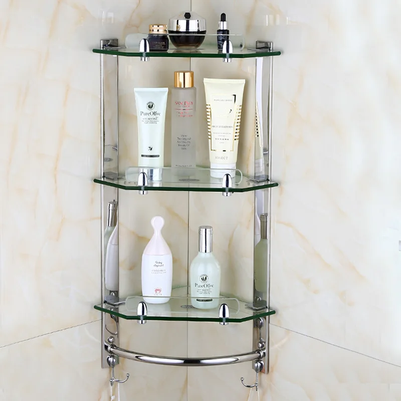 HouseMila Bathroom Shelf, 2 Tier Glass Bathroom Wall Shelf with Extra 3  Hangers Floating Glass Corner