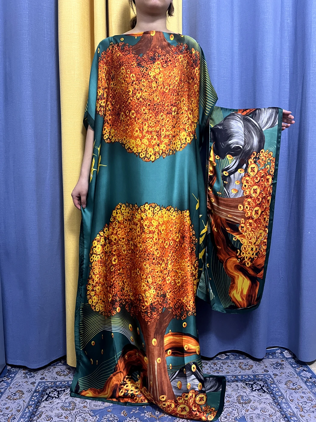 Muslim Abayas For Women 2023 Fashion New Summer Printed Tree Pattern Silk Loose Femme Robe African Islam Dresses With Headscarf