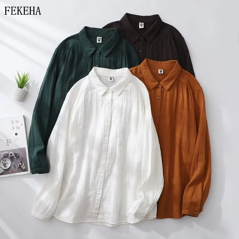 

Женские хлопковые рубашки из пряжи, белые блузки, женские топы с длинным рукавом, женская одежда со складками, новинка на весну и осень