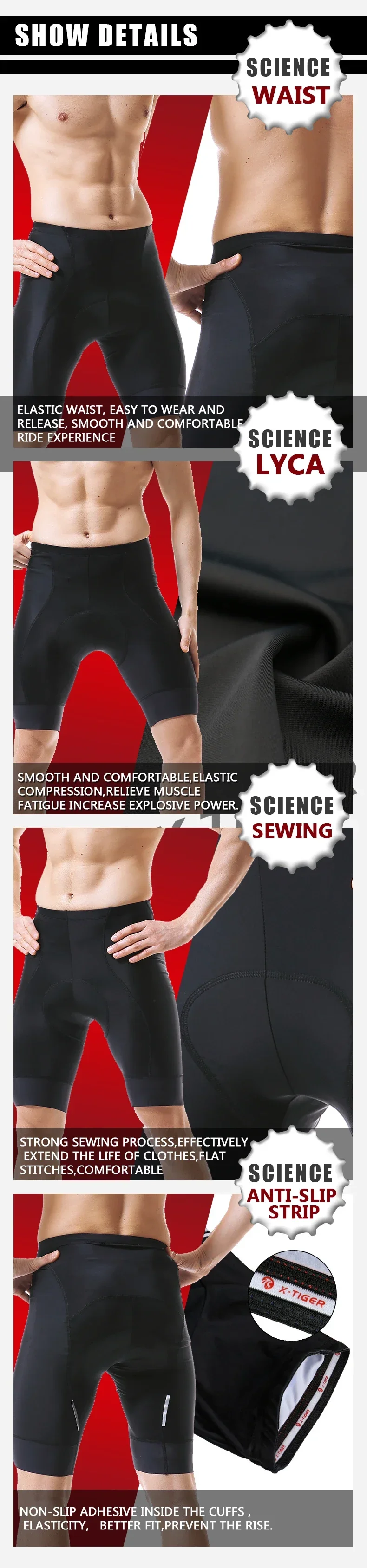 X-TIGER Männer Radfahren Shorts 5D Gel Gepolsterte Bike Shorts Für Männer Mountain Road Anti-slip Bein Griffe Radfahren reiten Halbe Hosen Strumpfhosen – Detail 6