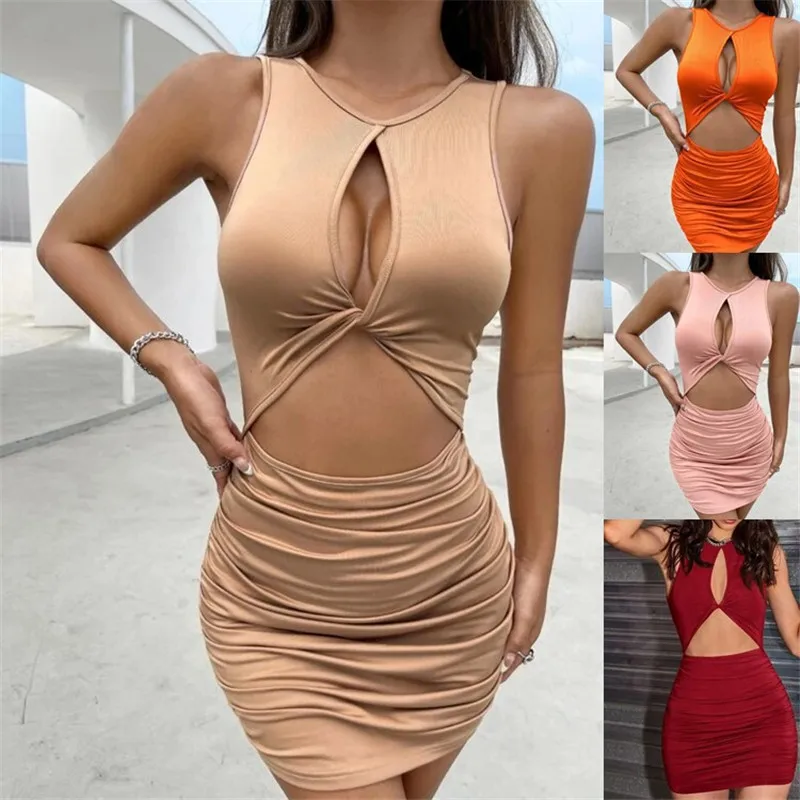Sleeveless Sexy Mini Dress Women Bodycon Pleated Hollow Out Dress Summer Party Club Solid Short