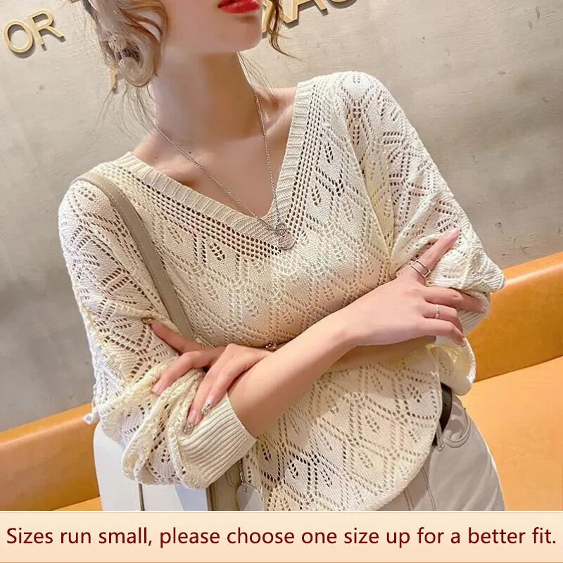 V-neck-Hollow-out-Knitted-Shirt-Women-Loose-Thin-Spring-Season-Bat ...