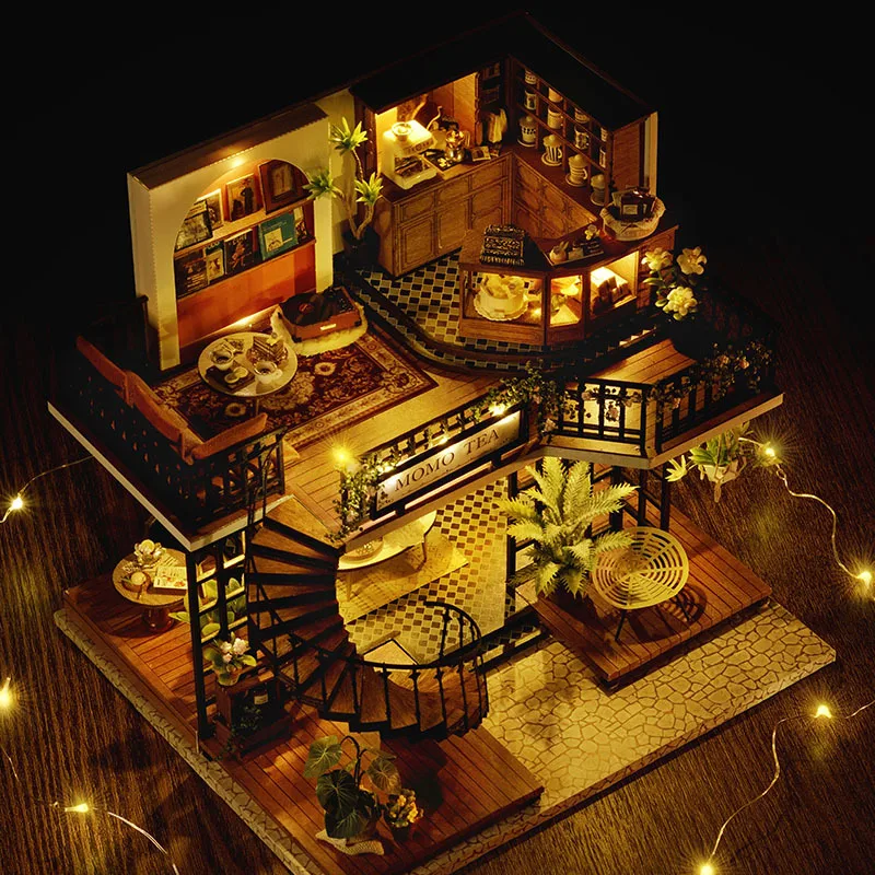 DIY 나무 미니어처 모델 키트, 숲 티숍 카사 인형 집, 3D 퍼즐 인형 집, 가구 LED 조명, 친구 선물