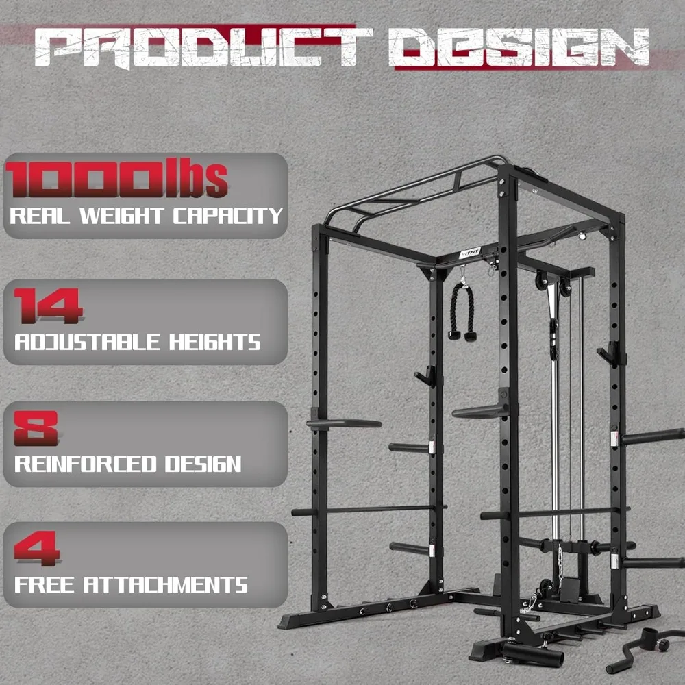 All-in-One Squat Rack for Home Gym, PPC02C Multi-Function 1000 LBS Capacity Power Cage with LAT Pulldown, Pulley System，Dip Bar