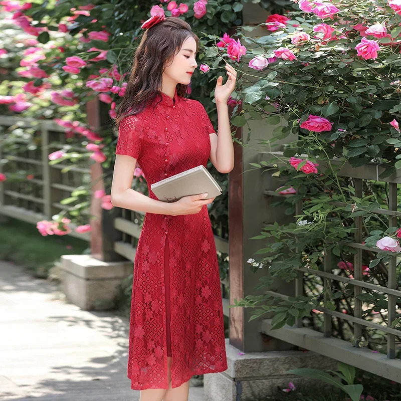 

Summer Lace Mid-length Aodai Daily Fashion Cheongsam Improved Modern Qipao Slim Young Girls Plus Size China Dress for Women