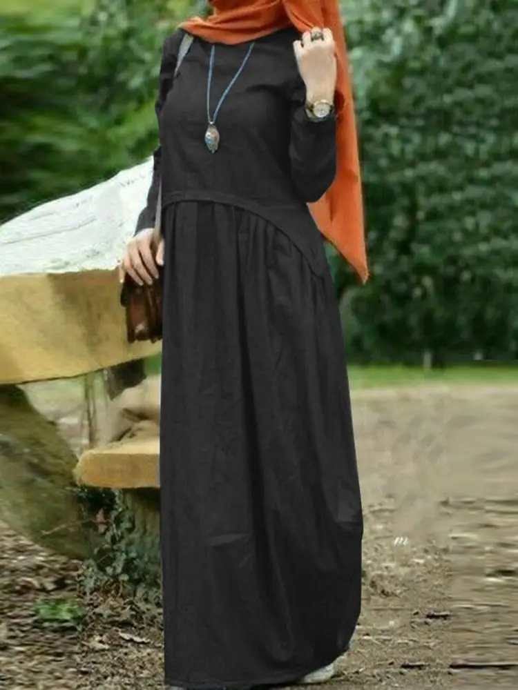  - ZANZEA Women Fashion Muslim Abaya Dress Vintage Denim Blue Maxi Sundress Robe Femme Solid Long Sleeve Ramadan Islamic Clothing