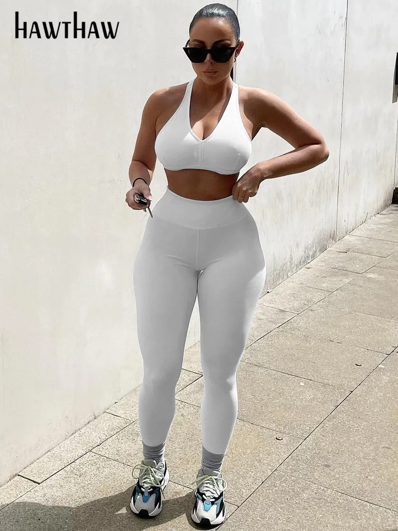 

Hawthaw Women 2024 Summer White Tank Tops Long Pants Two Piece Workout Sets Outfits Tracksuit Wholesale Items For Business