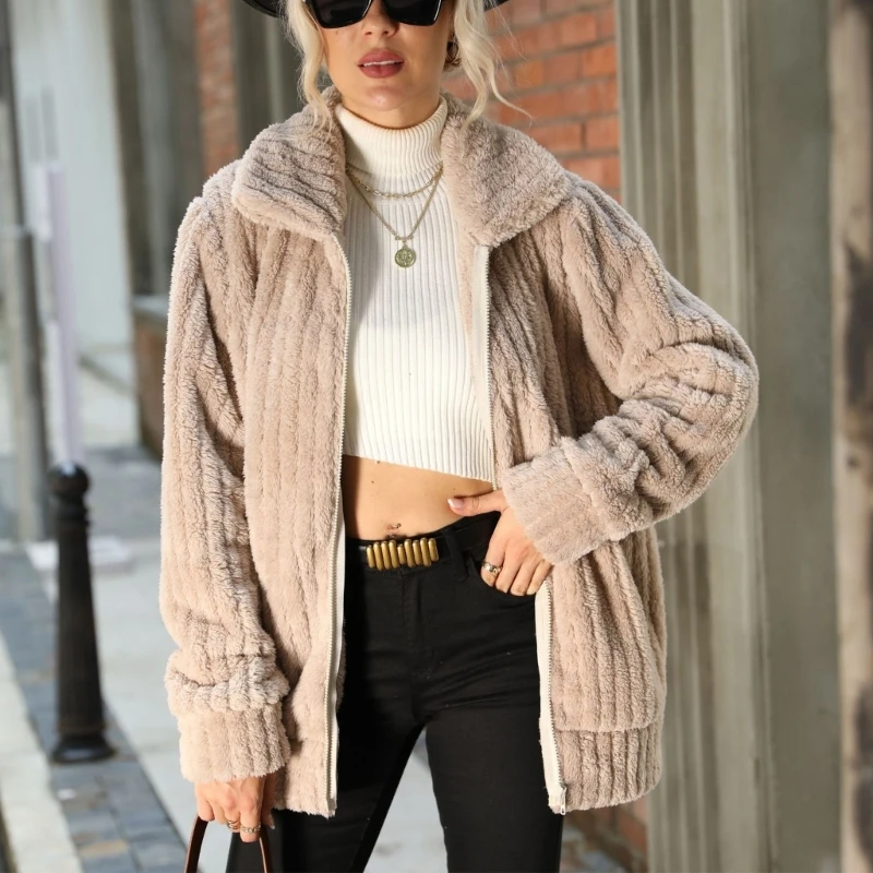 

Trendy Women's Winter Outerwear Cardigan Coat Zipper Closure Double Sided Plush Fashion Lapel Collar Streetwear