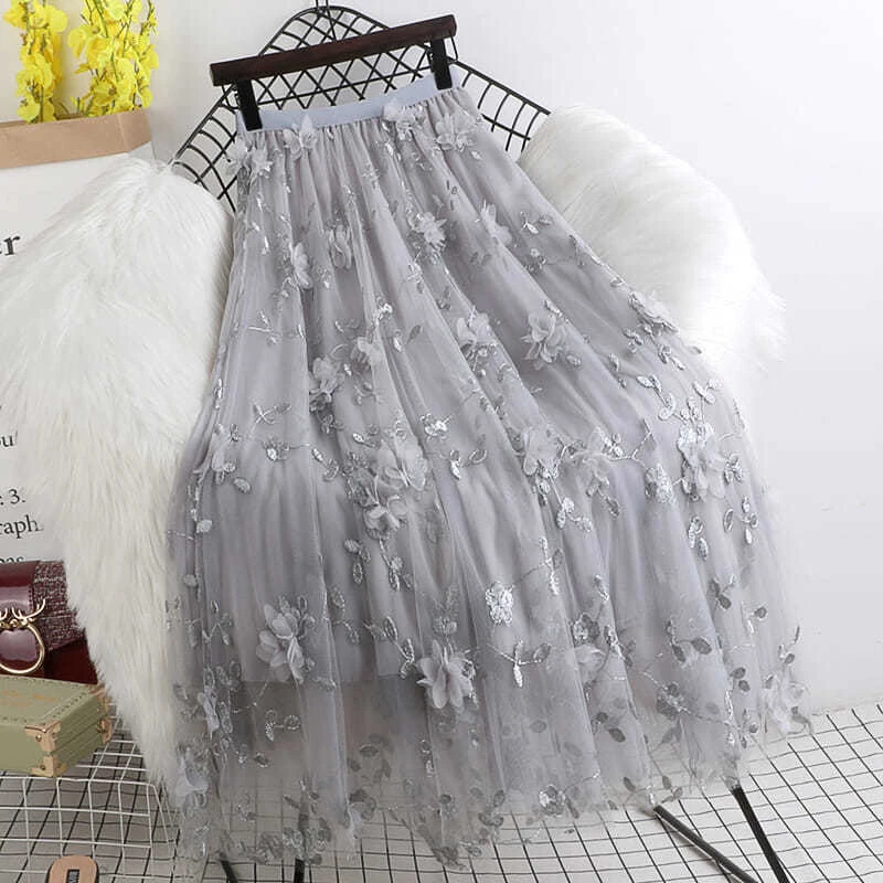 Luxury Woman Skirts 2021 Korean style Fashion Elastic Waist Appliques Embroidery Floral Mesh Skirt Long Gauze Ball Gown Skirt short skirt Skirts