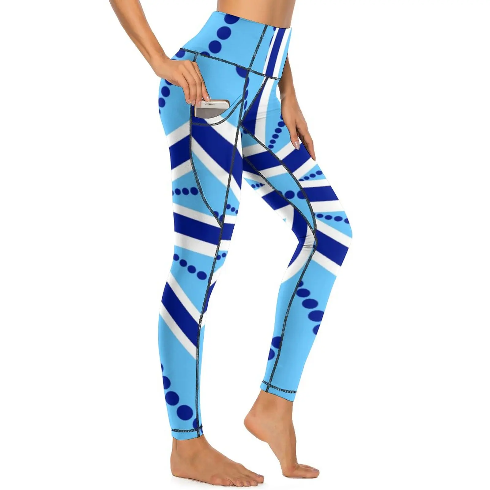 

Stripes And Dots Yoga Pants Pockets Blue Flag Print Leggings Sexy Push Up Retro Yoga Sports Tights Quick-Dry Graphic Gym Leggins