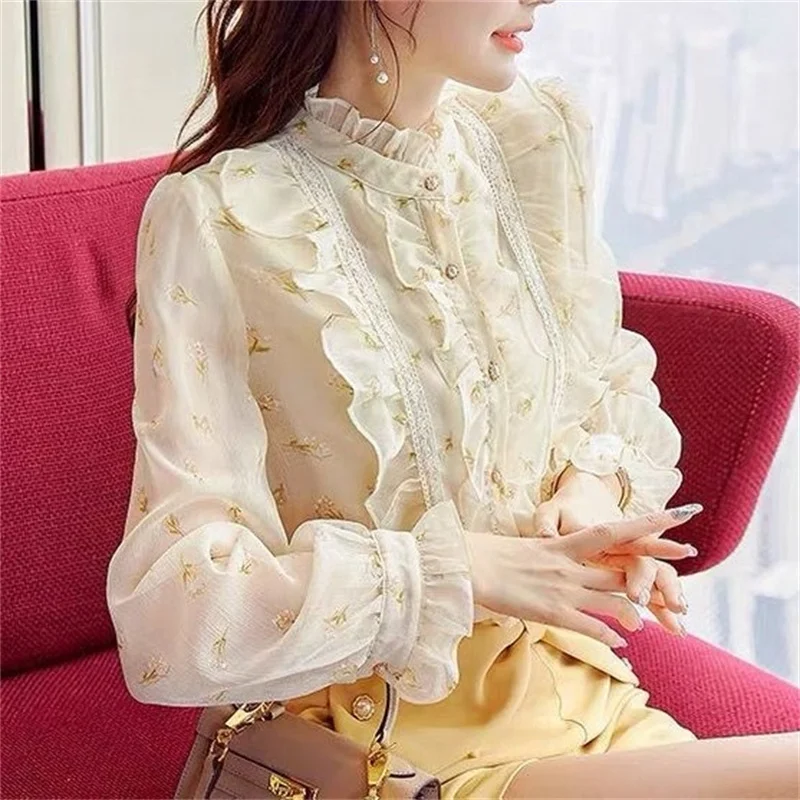 

Woman Spring Autumn Style Chiffon Blouses Shirts Lady Casual Long Sleeve Stand Collar Ruffles Polka Dot Printed Blusas Top G2639