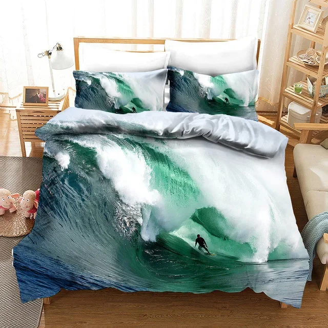 Summer Surf Seaside Bedding Set Vacation Blue Ocean Comforter Duvet Cover Set For Adults King Queen Size 3d Quilt Bed Set Linen