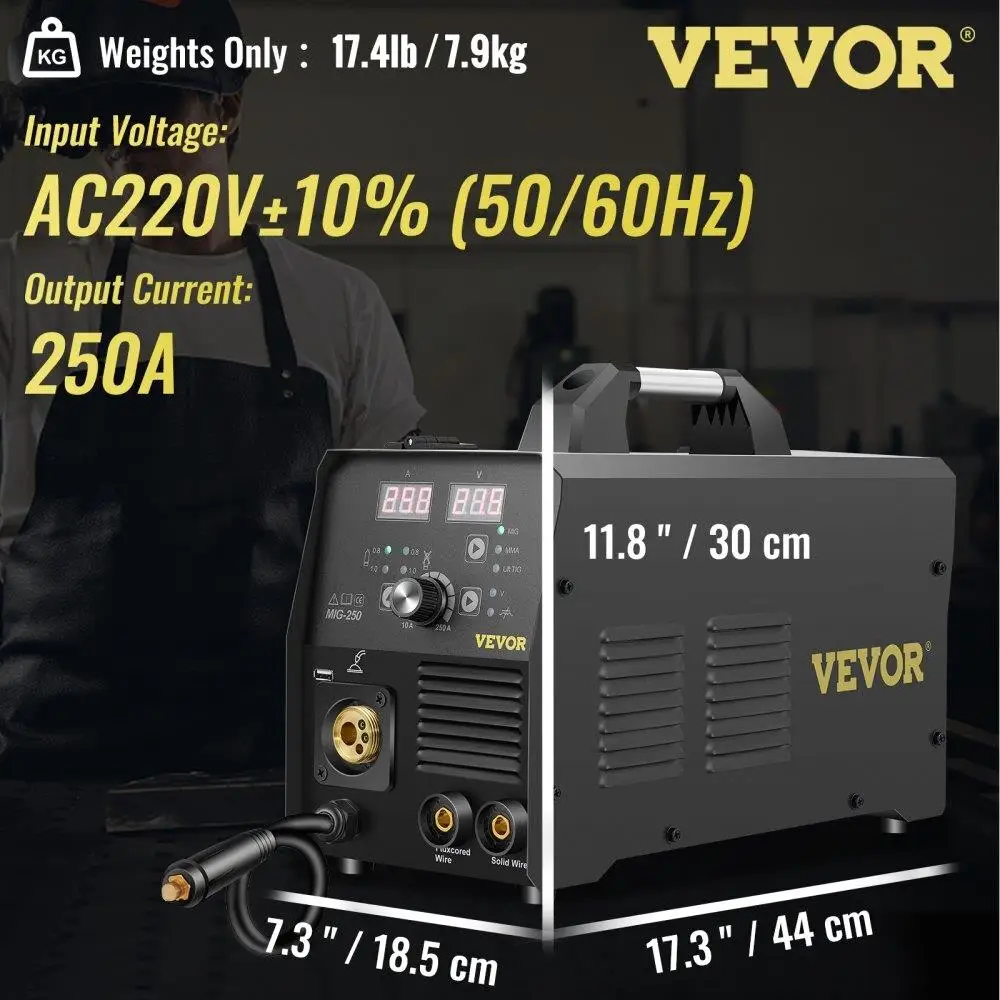 250Amp MIG Welder 3 in 1, 220V Flux Core Gas Solid Wire IGBT Inverter Welding Machine with Torch, Digital MIG Lift TIG Stick 5