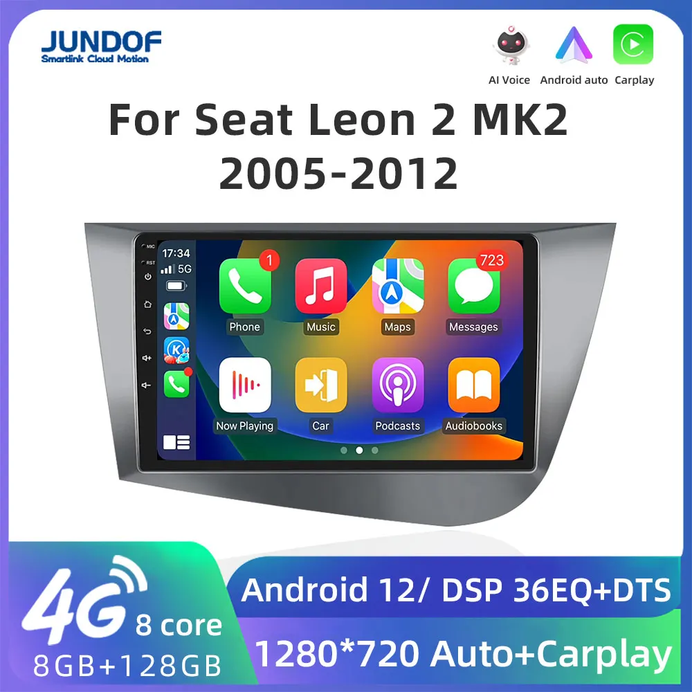 Autoradio Android 12 doppio DIN da 9 pollici IPS per Seat Leon 2 MK2 ( 2005-2012) fotocamera posteriore+microfono |8G+256G|Carplay| DSP| Supporta DAB/WiFi/BT5.0/USB/MirrorLink/SWC/FM/AM/RDS