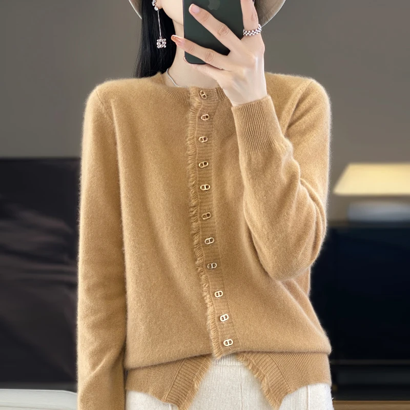 

100% pure wool cardigan Spring and Autumn new cashmere sweater women's O-neck cardigan warm knit bottoming shirt
