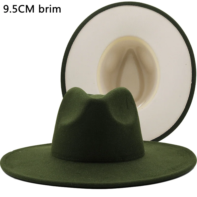 

New Outer green Inner beige Wool Felt Jazz Fedora Hats with Thin Belt Buckle Men Women 9.5CM Wide Brim Panama Trilby Cap 56-58CM