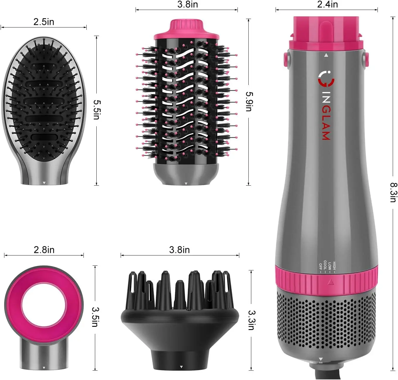 INGLAM 4 in 1 Blowout Brush, Negative Ion Detachable Hair Dryer & Styler Volumizer Hot Air Brush with 2 Styling Brush Heads,