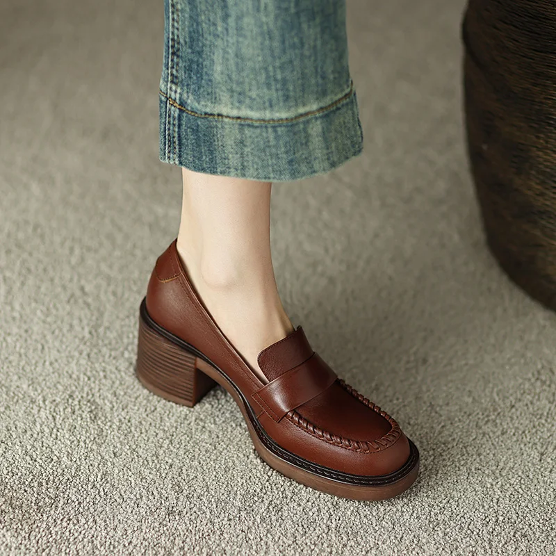

GUIDIBASIC Genuine Cow Leather Loafers Retro Women's Shoes Mid-Heel Square Toe Ladies Casual Shoes Oxford Shoes Women's Shoes