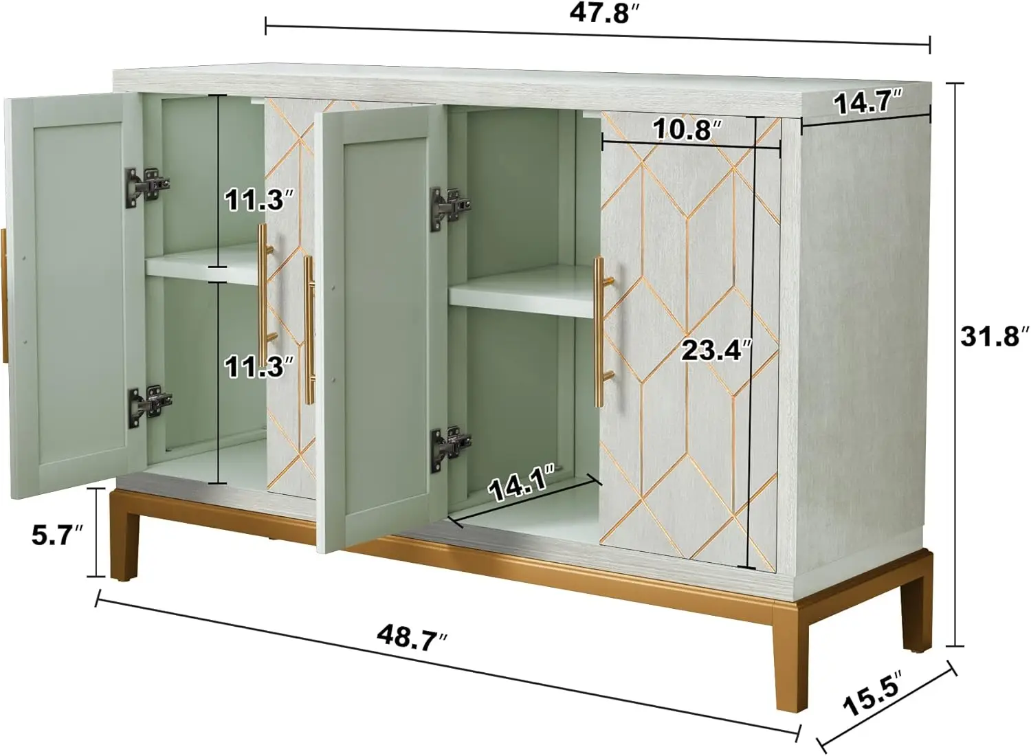 48" Accent Cabinet with 4 Doors and Shelves, Modern Credenza Storage Cabinet with Gold Trim, Green Buffet Cabinet