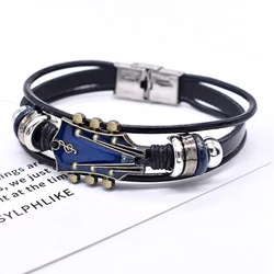 Vintage - Inspired Leather Guitar Bracelet - Handmade Braided Multi - Layer Wrap (Blue)