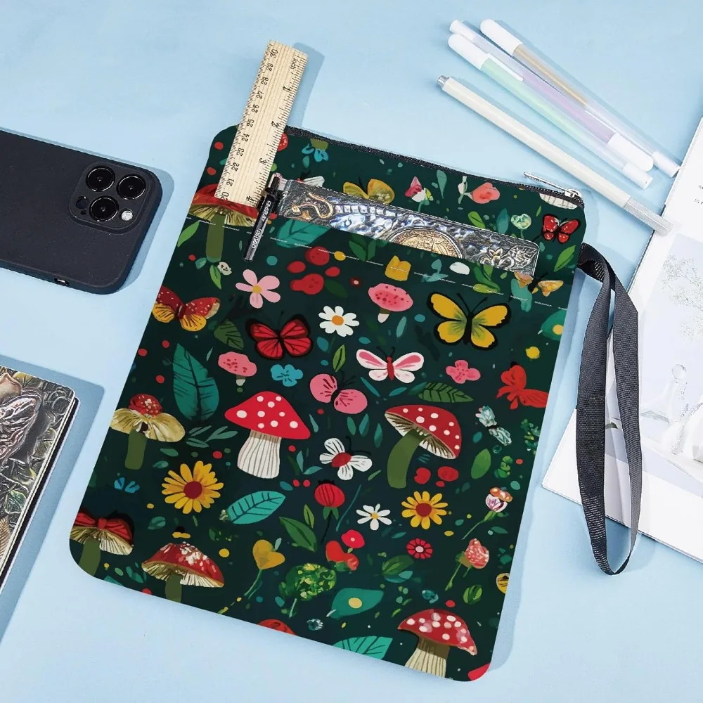 Mushroom Book Covers Flower Book Protector Green Sleeve for Paperbacks Washable Fabric Cloth Cover with Zipper
