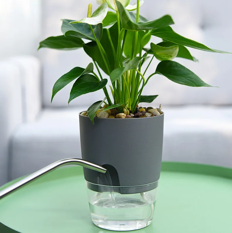 Transparent Double Layer Plastic Flower Pot Self Watering Cotton Rope Watering Small Plant with Injection Port