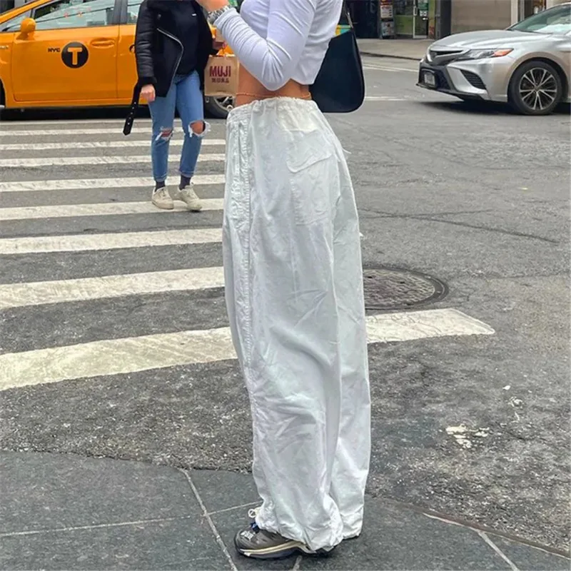 2024 Women Wide Leg Pants Cargo with Pocket Elastic Waist Knitting Casual Pants Y2K Fashion Style White Streetwear Women NWQ33