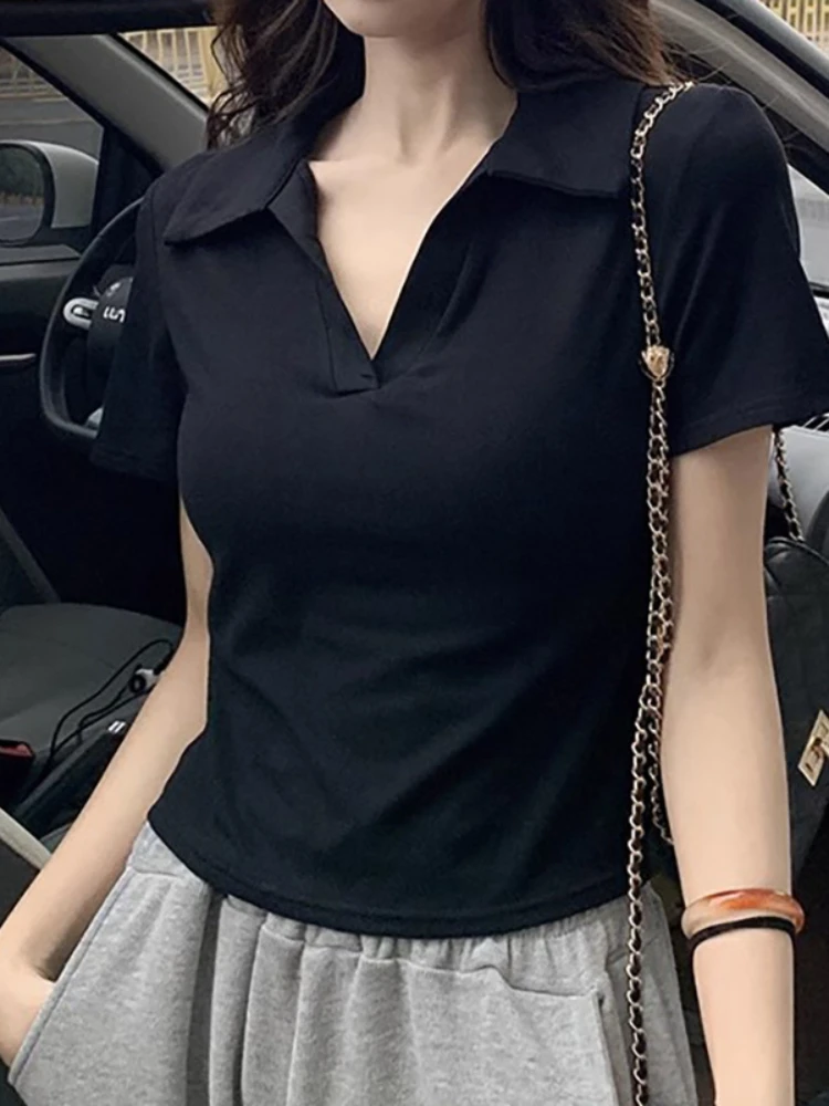 

Y2k Crop Top Woman Korean Style V-neck Slim Fit Pullovers Shoulders Short Sleeved T Shirts 2023 Autumn New Fashion White Tees