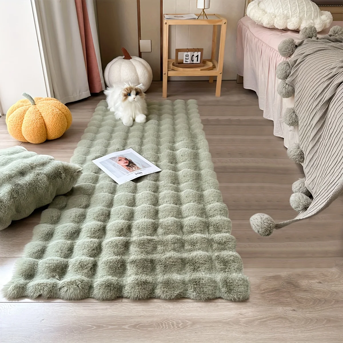 Luxuriöser Kunstfell- & Wildleder-Teppich - Weicher, Maschinenwaschbarer Teppich für Wohnzimmer und Schlafzimmer-Dekoration, Einfarbig Grün/Weiß – Detail 2