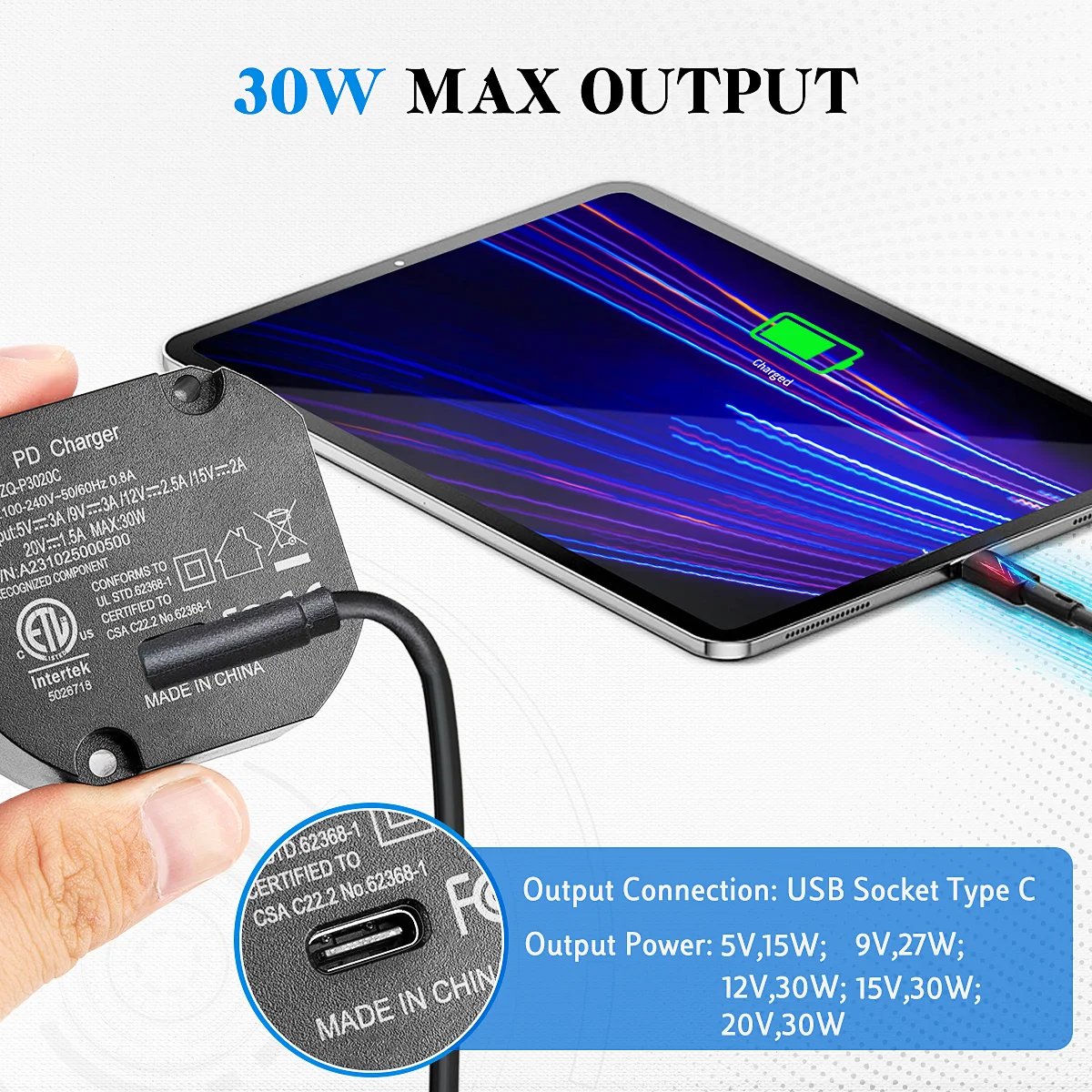 30W Type C Fast Charging USB-C Tablet Charger Flush Wall-mounted AC to USBC Adapter 5V/9V/12V/15V/20V Output for Apple iPad