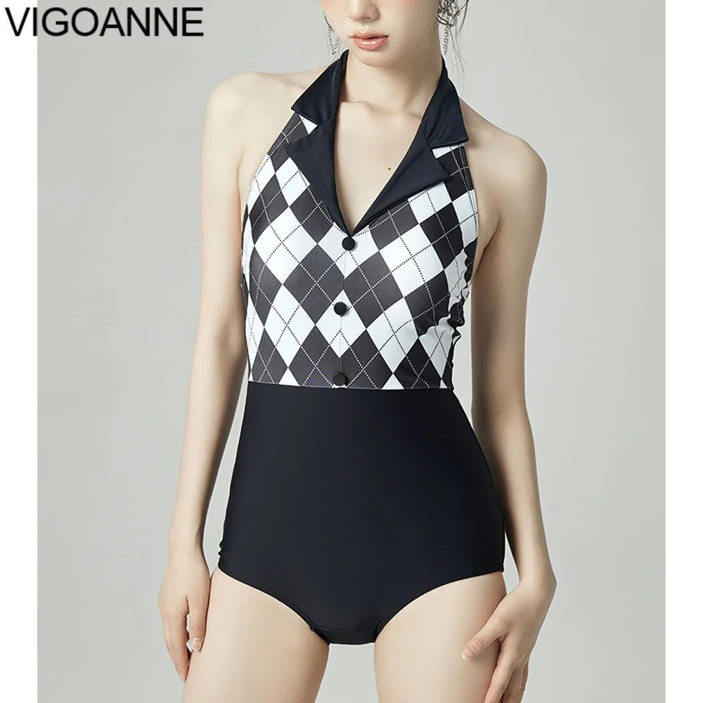 

VigoAnne Print Tied Halter Swimwear Women 2023 Sexy Push Up One Piece Swimsuit Korean Slimfit Monokini Backless Bathing Suit