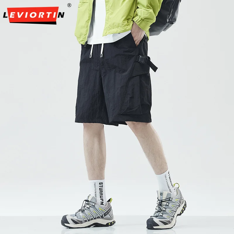 American orange casual shorts, men's trendy loose nylon five point paratrooper beach, summer thin ice silk oversized shorts