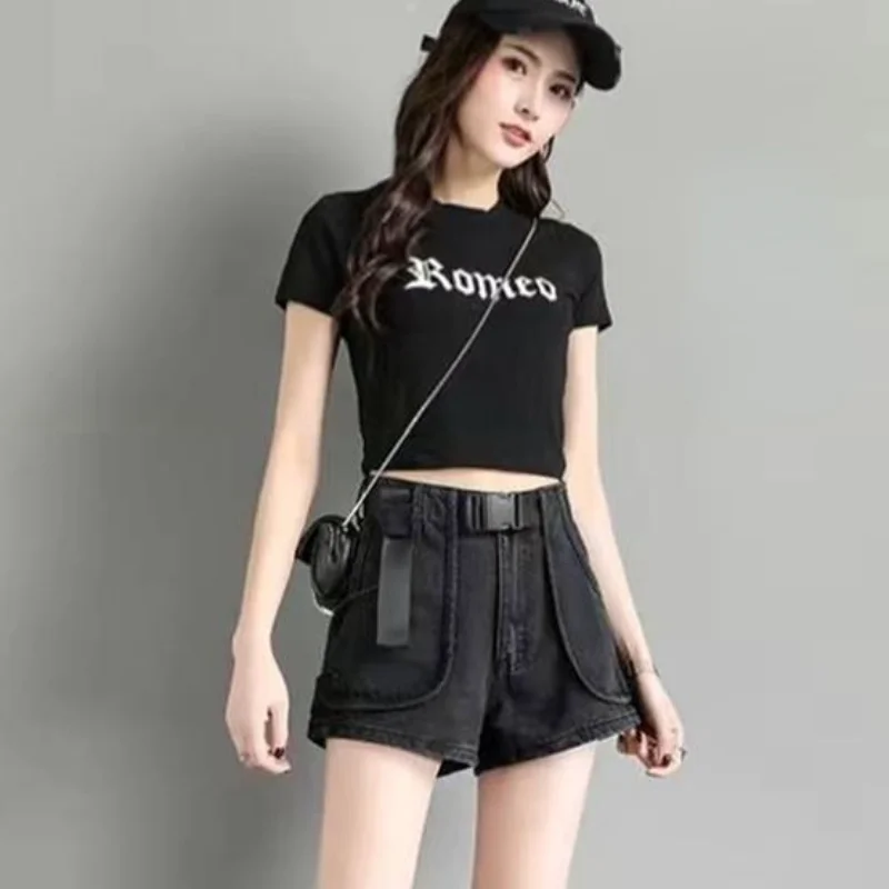 Punk Womens Denim Shorts Cargo Black Biker Short Pants For