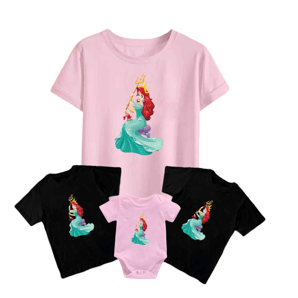 

Disney The Little Mermaid Ariel Princess Family Look Fashion Kids Short Sleeve Baby Romper Funny New Unisex Adult O-Neck T-Shirt