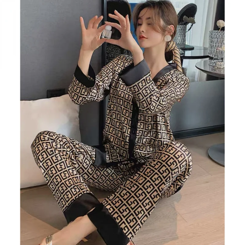 

Plus Size Luxury Women Pajamas Set New Long Sleeves Trousers Sexy Robe Homewear Thin Pajamas Sleepwear