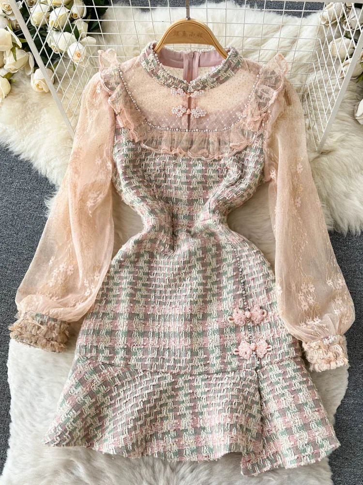 

Fashion Runway Autumn Pearls Mesh Patchwork Tweed Dress Women's Long Sleeve Gorgeous Flower Embroidery Elegant Mermaid Vestidos