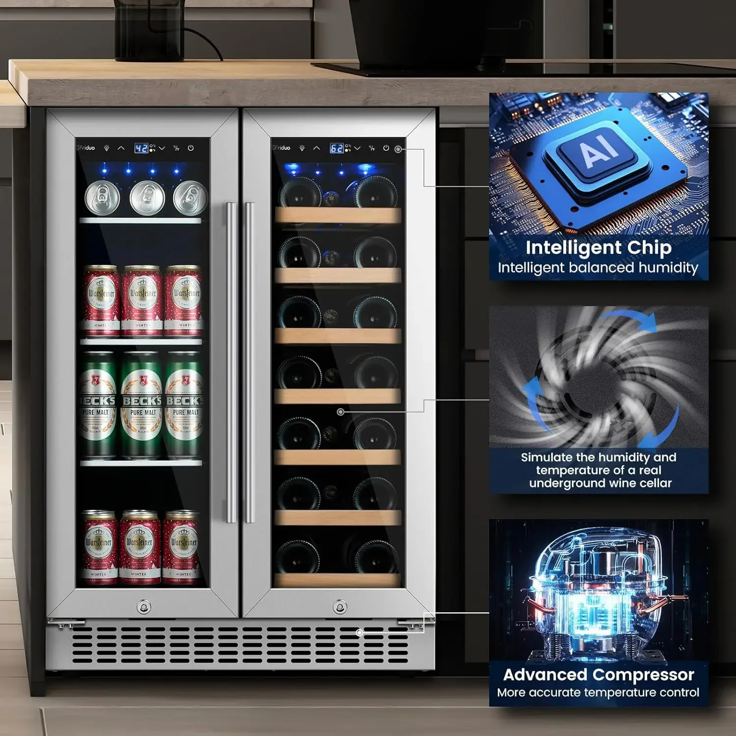 Beverage Refrigerator 24 inch, Dual Zone Wine Cooler Under Counter Lockable 20 Bottles and 88 Cans Fridge Built in Freestanding 4