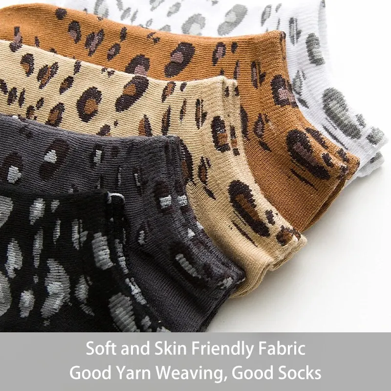 Womens Socks 5 Pairs Seasonal Leopard Print Cotton Sweat-absorbing Comfortable Sports Low Top